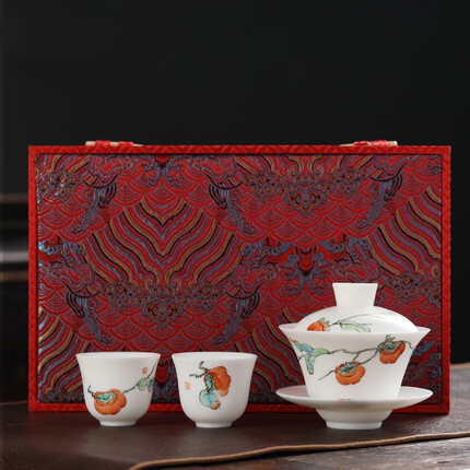 妙莲天香羊脂玉瓷陶瓷手绘盖碗茶杯林迎春大师家用泡茶送礼功夫茶具套装 D01-147C柿柿如意【一盖碗2杯】