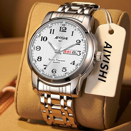 爱依士（AIYISHI） 简约双日历12数字防水夜光中老年手表钢带爸爸爷爷初高中学生考试腕表日期星期 银钢带白面（皮表带+调表器+手串+螺丝刀）