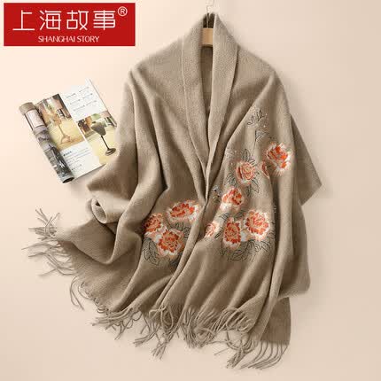 上海故事100%羊毛刺绣围脖女士披肩秋冬季保暖围巾女礼盒装 紫本