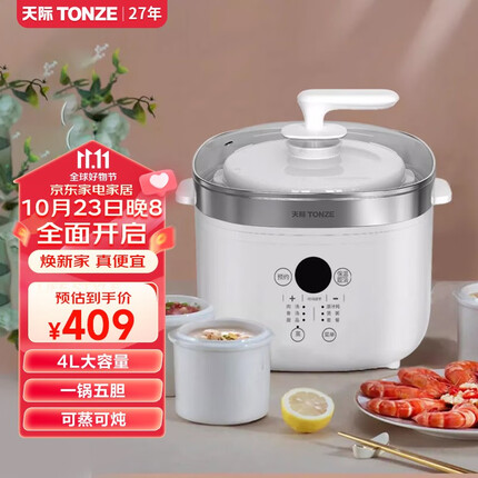 天际隔水炖 电炖锅4L蒸汽燕窝大容量电炖盅上蒸下炖家用陶瓷煲汤锅一锅五胆带蒸笼多功能煮粥神器40AG 4升