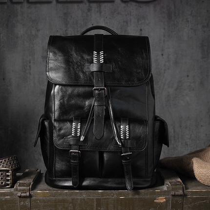 HANMIIS二战军旅包胡椒盐背包新款头层牛皮大容量双肩包旅行出差袋包全真皮男士皮包手工擦色书包 黑色