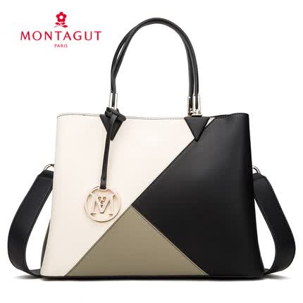 梦特娇女包牛皮大容量手提包休闲单肩斜跨包时尚潮流女士包包礼物R2512538122黑/米白/绿色礼品送爱人送女友七夕礼物