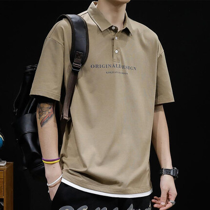 古先森男士短袖t恤男宽松纯棉翻领polo重磅大码带领有领半袖男生假两件体恤衫夏季半截袖胖子肥佬夏天 卡其色 XL【145-160斤】