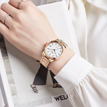西亚尼女士手表女表全自动机械表简约休闲女款表钢带单历防水潮流腕表 银壳金白 简约风 CI.6050ML