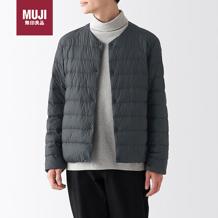 无印良品(MUJI)男式 便携式 无领羽绒夹克 羽绒服 深灰色 L