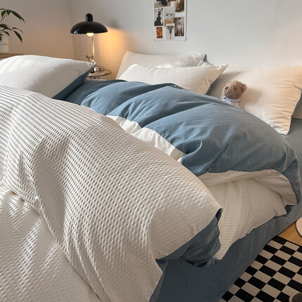 MUJI無印良品纯色母婴级华夫格单人被套单件被罩床被单非纯棉全棉磨毛 华夫格压泡-奶白+雾兰 母婴华夫 1.5m床床单款四件套-适合150x20