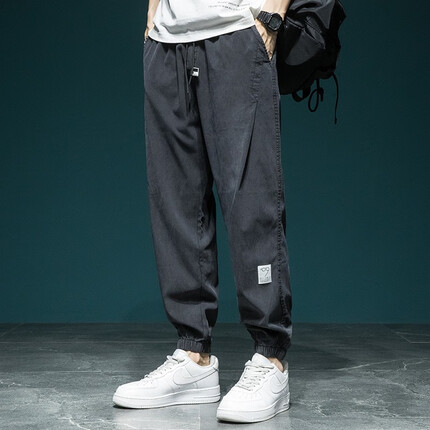 古先森莱赛尔休闲裤男宽松大码束脚裤夏季薄款运动哈伦裤束腿九分裤子 黑色 XL【150-180斤】