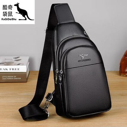 酷奇袋鼠男士斜挎包胸包男包真皮二层牛皮小韩系胸前包包多功能休闲斜背包 6031黑色