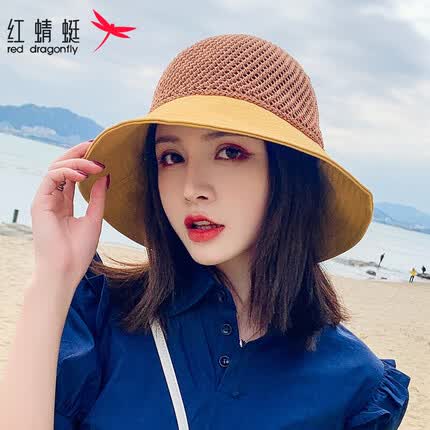 红蜻蜓 帽子女夏季防晒透气草帽时尚凉韩版渔夫帽潮百搭网眼太阳帽出游遮阳帽 蝴蝶结款-黄色 大帽檐遮阳防晒