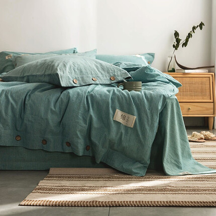 花熙雨A类母婴级新疆棉纯棉四件套床单式 全棉色织棉麻风长绒棉床单被套4件套简约纽扣式套件 谧静蓝 1.8米床用床单款（适合200*230cm被子）