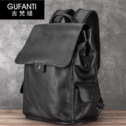 古梵缇双肩包男 头层牛皮大容量背包商务功能电脑包登山旅行包gftx-400 黑色 GUFANTI