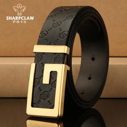 萨帕卡拉G字铜扣皮带男新款时尚平滑扣腰带中青年牛皮裤带高档礼盒装 金扣黑带 110