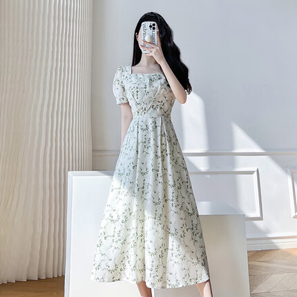 品彩碎花短袖连衣裙女夏气质优雅方领温柔中长裙a字裙 P132Q1381