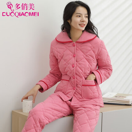 多俏美睡衣女纯棉夹棉袄秋冬款三层保暖加厚格子全棉服家居服套装冬天 G66006|套装 XXL/170