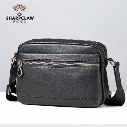 萨帕卡拉植鞣牛皮单肩包男简约斜挎包横款时尚邮差包大容量包包 黑色 23*5*16cm SHARPCLAW
