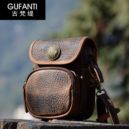 古梵缇斜挎包男 复古单肩包男士挎包腰包男手机包时尚潮流小包gftx-295 疯马皮大象纹棕 GUFANTI
