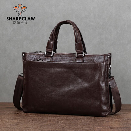 萨帕卡拉树膏皮公文包男商务手提包头层牛皮大容量单肩斜挎包 咖啡色 39*9*27cm