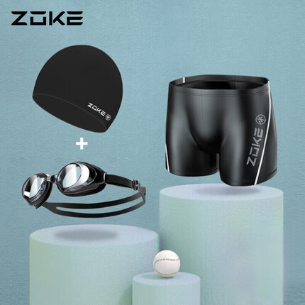 洲克 ZOKE 泳裤男平角 三件男士游泳套装 泳镜 泳帽 抗氯速干专业竞技防尴尬游泳装备JD11322205 黑色 L