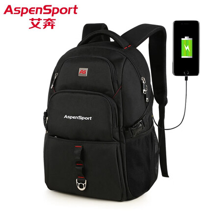 艾奔（ASPENSPORT）大容量男士双肩包高中学生书包电脑包旅行背包 黑色【标准版】18.5英寸