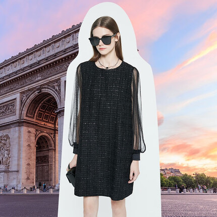 唐可娜儿（DKNY） 袖拼接连衣裙女装 黑色 M(160/84A)