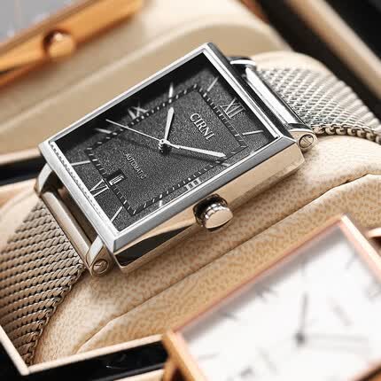 西亚尼品牌方形手表 男表 全自动机械表 男士手表真皮带防水时尚新款 黑面 CI6088 CIRNI