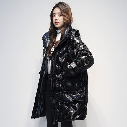 雪中飞亮面羽绒服女长款韩版加厚连帽秋冬季女外套 X00149318F 黑色 165/88A