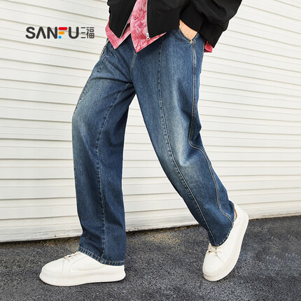 三福2023秋男士分割结构牛仔裤 街头潮酷宽松直筒长裤男472711 蓝色 29(165/72A)