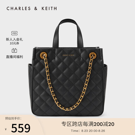 CHARLES&KEITH大容量通勤菱格链条手提包托特包单肩包女士CK2-30781394-1 Black黑色 L
