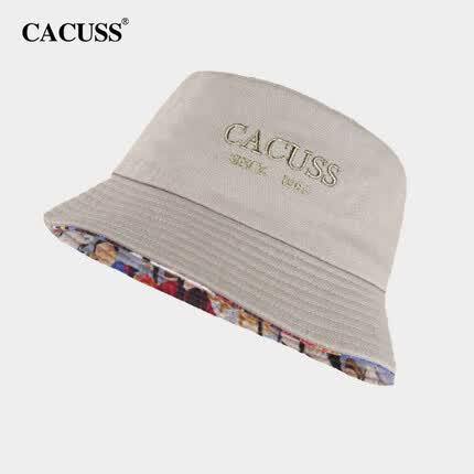 CACUSS帽子男女渔夫帽棉质遮阳防晒帽刺绣户外太阳帽盆帽秋徒步米色中号