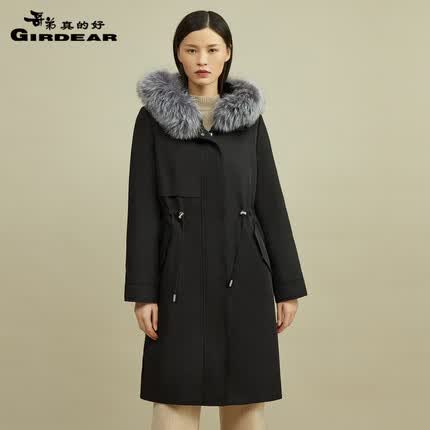 哥弟真的好女装狐狸毛领兔毛皮内胆长款宽松派克棉服女外套A400599 黑 S(2码)