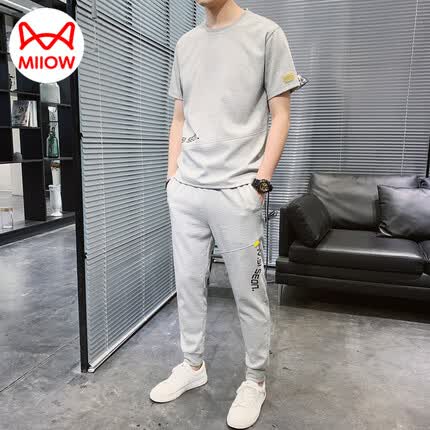 猫人短袖t恤男夏季薄款休闲套装男士百搭透气长裤两件套 灰色 2XL（MiiOW）