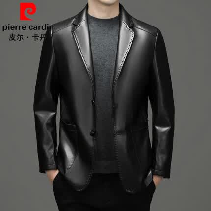 皮尔卡丹休闲皮夹克春秋季西装领皮衣外套中青年商务休闲潮流PU皮茄克衫