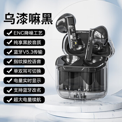 WIWU 透明蓝牙耳机无线主动降噪运动游戏5.3适用于苹果华为小米OPPO耳机IPX4防水防尘 乌漆嘛黑