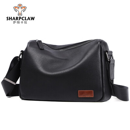 萨帕卡拉男士头层牛皮斜挎包男包小方包户外时尚时尚休闲单肩包 黑色 27*9*17