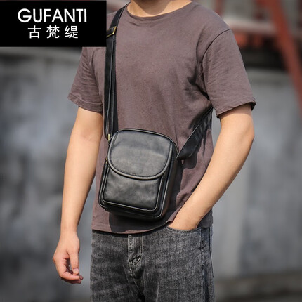 古梵缇单肩包男 休闲斜挎包植鞣皮复古男士竖款手机包青年男包gftx-405 黑色