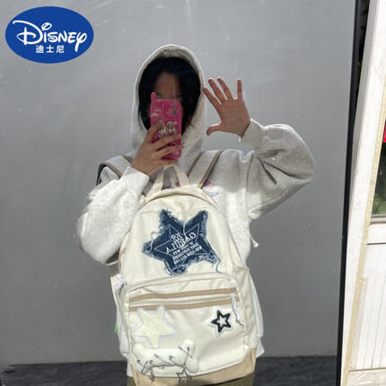迪士尼（Disney）2023新款书包闪亮星星手作千禧浅色甜美休闲背包星星骨头撞色双肩 关注店铺收藏包包徽章