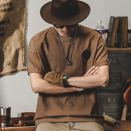 古先森美式复古250g重磅T恤男短袖纯棉男士夏季潮牌宽松半袖衣服半截袖 卡其 L【120-140斤】