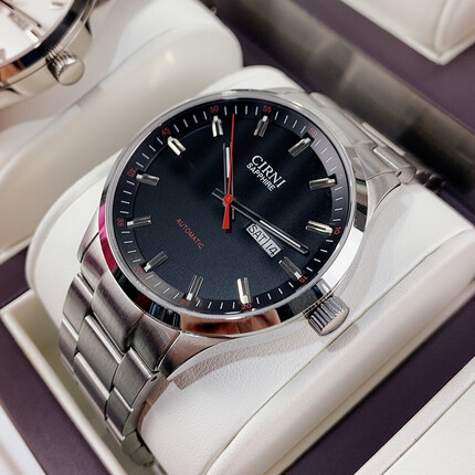 西亚尼男表全自动机械表男士手表皮带防水简约休闲钢带时尚双日历商务品牌腕表 黑面钢带 CIRNI