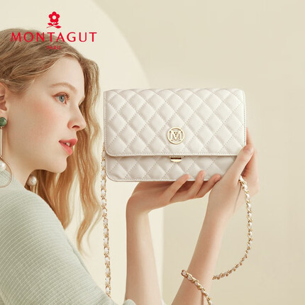 梦特娇（MONTAGUT）包包女包新款简约单肩斜挎包小方包小香风菱格链条包生日礼物 白色大号R7512024053