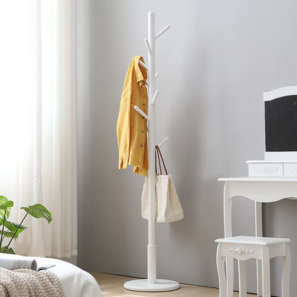 家逸实木加粗衣帽架衣架落地卧室办公挂衣架 圆盘衣架 白色