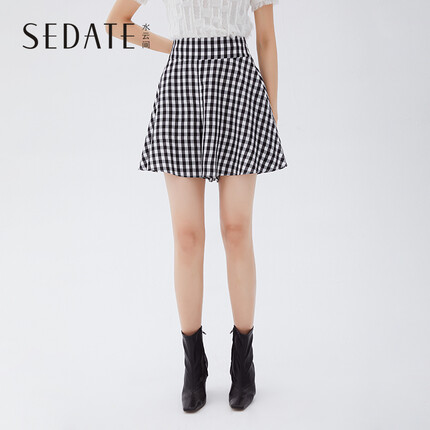 水云间阔腿休闲裤女短款百搭时尚高腰格纹裤子女短裤2021夏季新款 黑格 XL