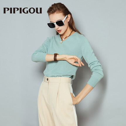 皮皮狗新款V领长袖羊绒衫女针织基础百搭套头针织打底衫毛衣女 673豆沙绿 M(100)