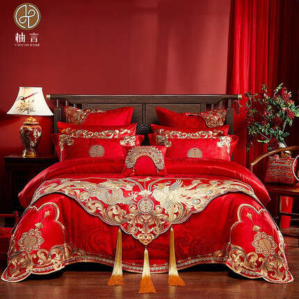 柚言婚庆四件套全棉大红纯棉新婚房喜被六件套龙凤刺绣结婚多件套 奢华十一件套 1.5/1.8米床（被套200*230cm）