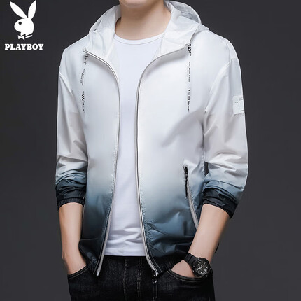 花花公子(PLAYBOY)冰丝外套男夏季薄款夹克男士连帽休闲防风晒衣服男装 黑色 XL