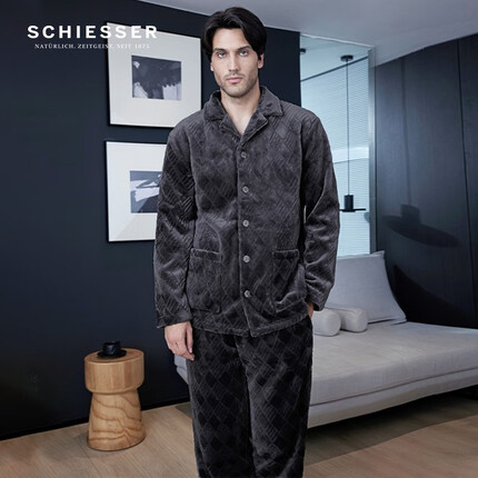 舒雅(Schiesser)男士居家睡衣法兰绒摇粒绒开衫长袖长裤睡衣家居服套装E9/21841H 深灰7901 L
