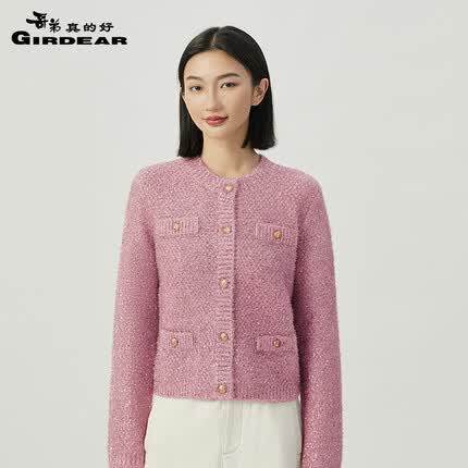 哥弟真的好女装百搭金属扣复古葱纱小香风针织开衫女外套A400677 玫瑰粉 M(3码)