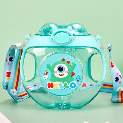 贞喜气 会发光宝宝水杯水壶儿童吸管杯大肚杯外出携带上学甜甜圈水杯 绿色独眼兽