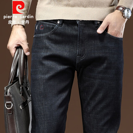 皮尔卡丹(pierre cardin)加绒加厚直筒牛仔裤男修身休闲弹力长裤水洗宽松潮流22062蓝黑 32