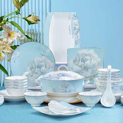 红牡丹景德镇碗碟套装家用餐具整套轻奢金边碗具陶瓷盘子碗骨瓷碗筷套装 月光牡丹56头支持微波炉 礼盒装