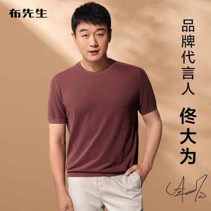 布先生明星同款春夏季短袖t恤男士桑蚕丝男装上衣针织纯色打底衫衣服 咖啡色 L/175